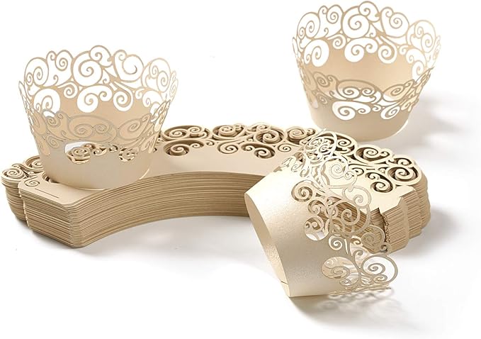 Cupcake Wrappers, KPOSIYA 50 Pack Cupcake Wraps Filigree Artistic Bake Cake Paper Cup Little Vine Laser Cut Liner Baking Cups Muffin Case Trays for Wedding Party Birthday Decoration (50, Beige)
