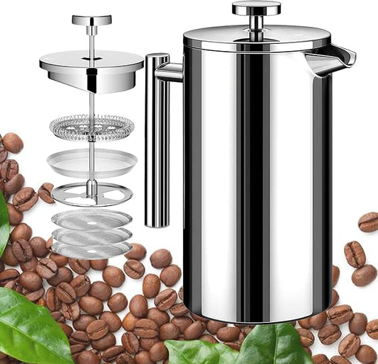 Large French Press Coffee Maker 50oz(1.5L), 304 Stainless Steel Double Wall Insulated Tea Press for Camping, Backpacking, Party, Gift Set, Dishwasher Safe (Silver, 6-8 Cups)