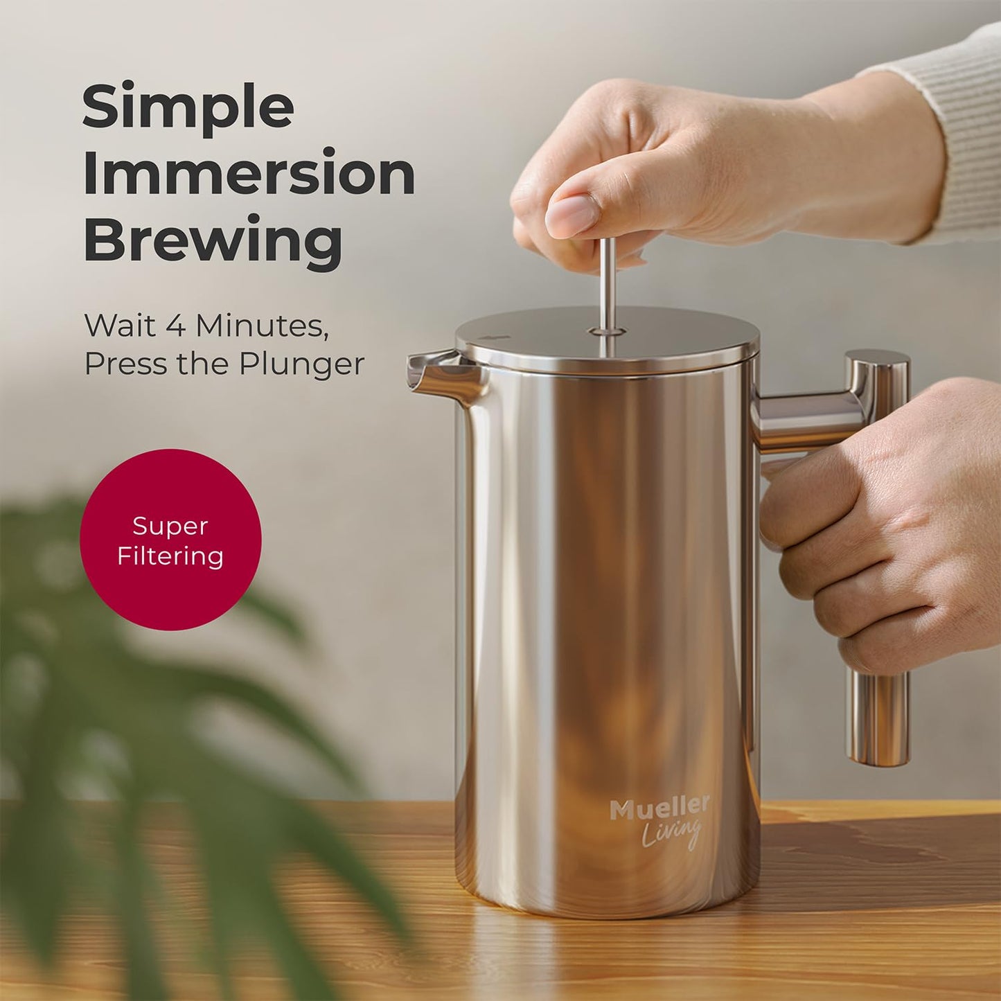 MuellerLiving French Press Coffee Maker 20oz, Stainless Steel French Press Coffee, 4 Filter Heat