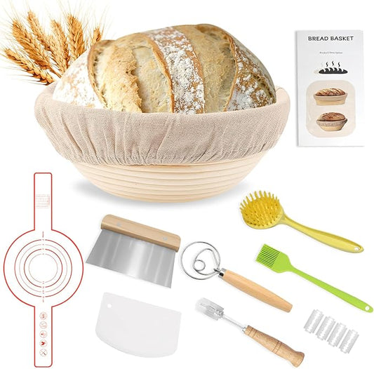 Banneton Bread Proofing Basket,Sourdough Bread Baking Supplies,Sourdough Starter Kit with 9" Round Banneton Basket,Perfect Banneton Basket Gift Set for Making Beautiful Bread