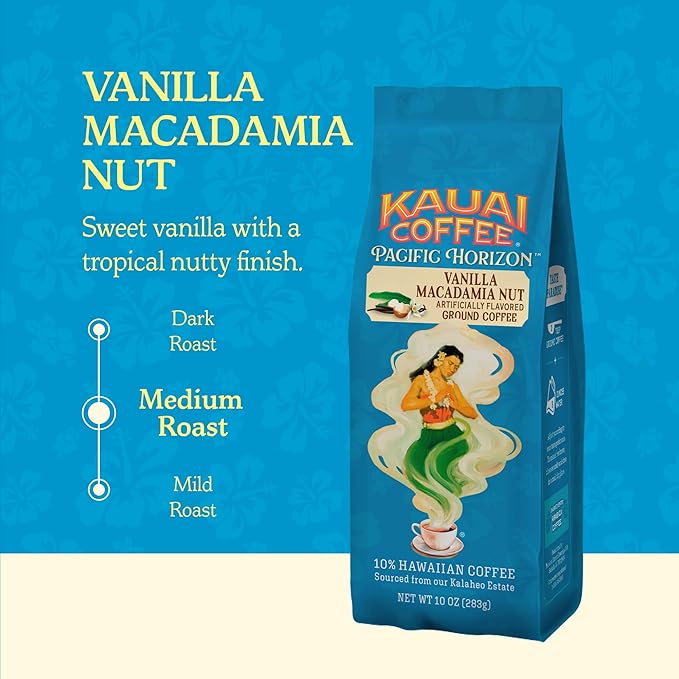 Kauai Hawaiian Ground Coffee, Vanilla Macadamia Nut Flavor - Gourmet Arabica Coffee From Hawaii's Largest Grower, Smooth, Delicious Flavor and Amazing Aroma - 10 Ounce