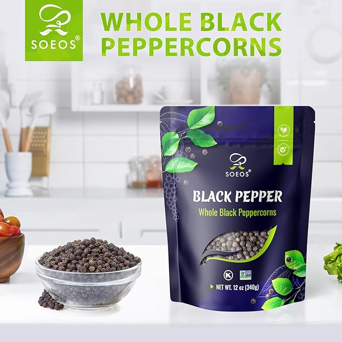 Soeos Black Peppercorns, 12oz (Pack of 1), Whole Black Pepper, Non-GMO, Kosher, Freshly Peppercorn Bulk, Packed to Keep Peppers Fresh, Ready to Use Corns for Grinder Refill