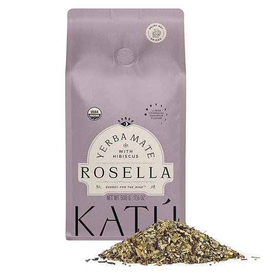 Kat첬 Rosella Premium Organic Loose-Leaf Yerba Mate Tea with Hibiscus, Peppermint, and Stevia Leaves, Vibrant Floral Twist, Natural Energy, 17.6 oz (500g)
