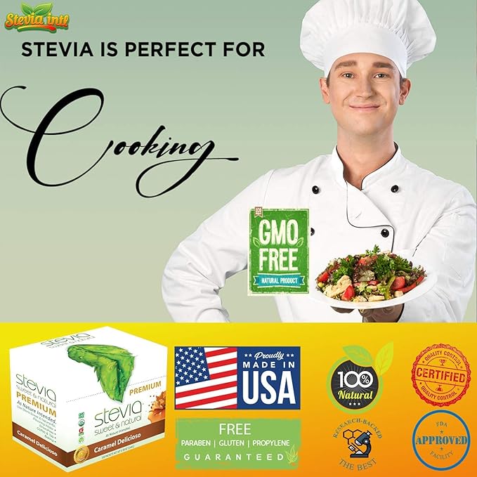 Caramel Delicioso Organic Stevia Powder. All-Natural Sweetener, Sugar Substitute Highly Concentrated & Pure Extract Stevia. 0 Calorie, 0 Carb Diabetic & Keto Friendly (40-Packets) - Packaging May Vary