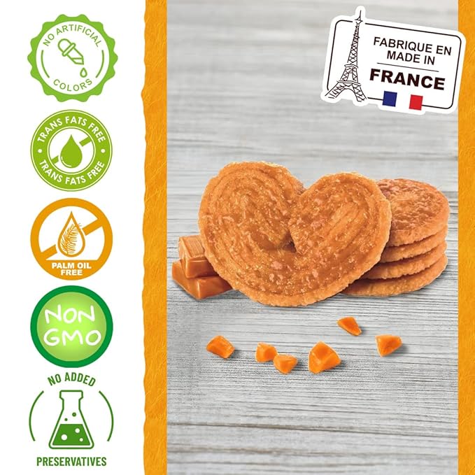 St Michel Caramel Palmiers Biscuits Made In France, pack of 4 (100g each) Non-GMO. Total of 48 Crunchy Caramel glazed Puff Pastry Butter Biscuits