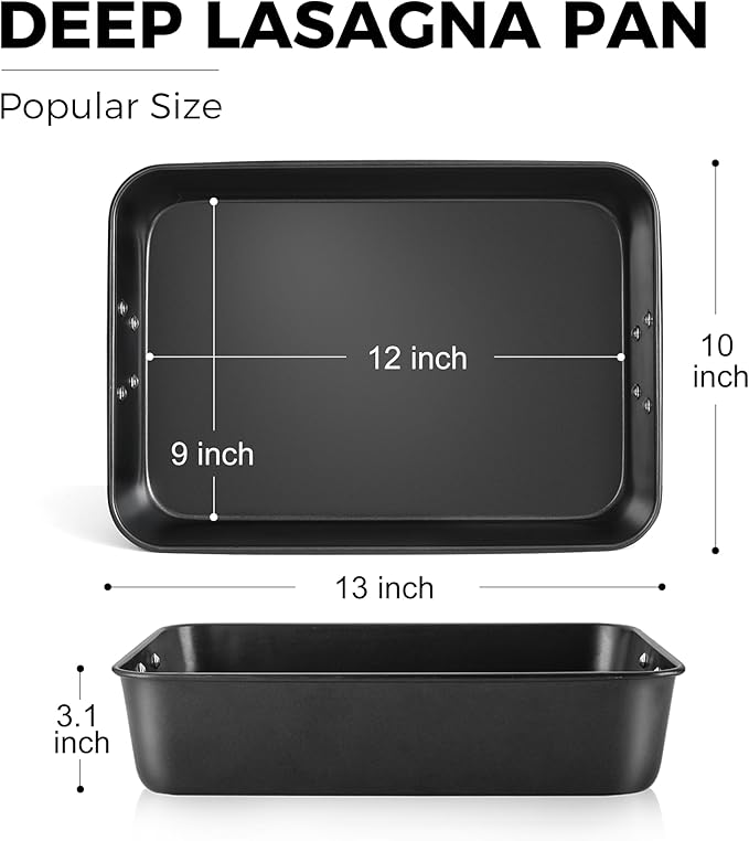 HONGBAKE Nonstick Lasagna Pan 3 Inch Deep, 9x13 Baking Pan, Rectangular Sheet Cake Pan, Roasting Pan for Oven with Stainless Steel Handles, Dishwarsher Safe, Dark Grey