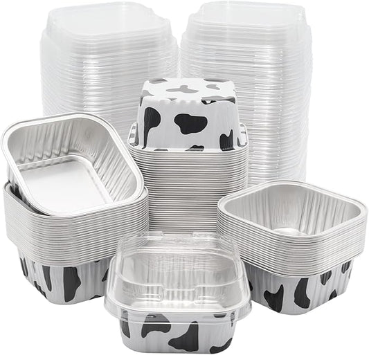 100 Pack 5oz Aluminum Pans with Lids Mini Square Foil Baking Cups with Lids Cupcake Baking Holders, Cow Print