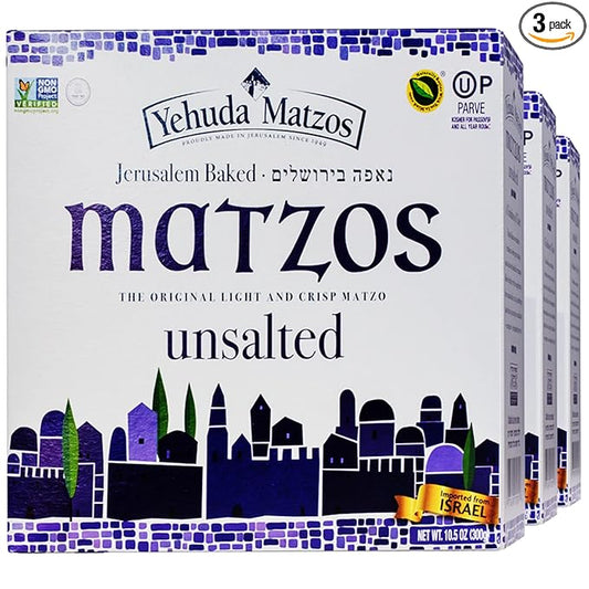 Yehuda Unsalted Matzo Thins, 10.5oz (3 Pack) Airy, Crisp & Delicious Matzah Crackers | Kosher for Passover