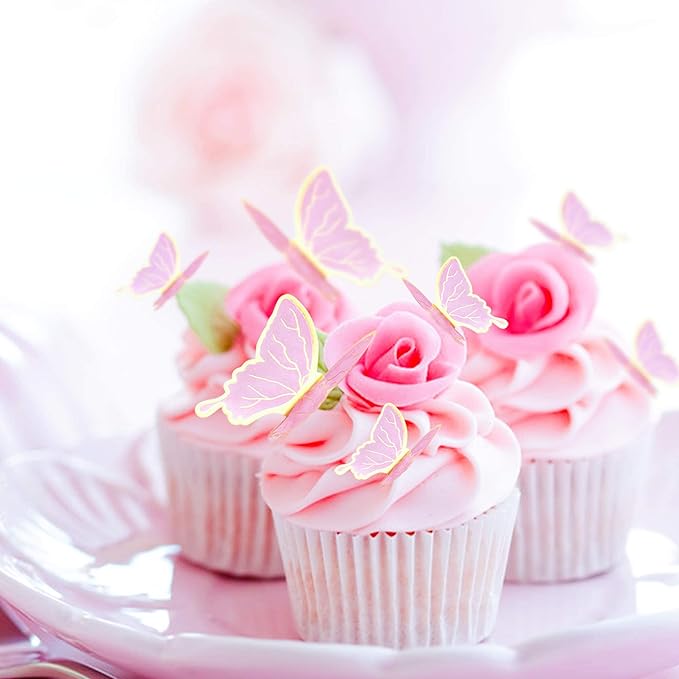 30pcs Pink Gold Edge Mixed Size Lively 3D Waterproof Swllowtail Butterfly Cupcake Topper for Girls Women's Happy Birthday Wedding Party Cake Wall Party Food Decorations