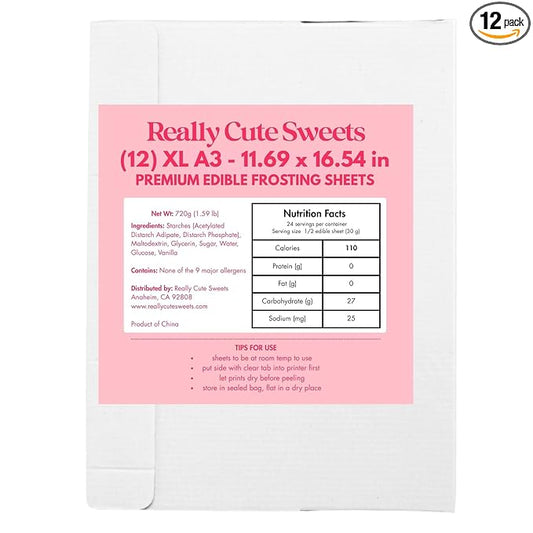 A3 XL Edible Frosting Sheets for Wide Format Edible Printers by Really Cute Sweets - 12-Pack Premium Sugar Paper for Cake, Cookies, and Photo Decoration - White, Big Edible Icing Sheets 11.7 x 16.5"