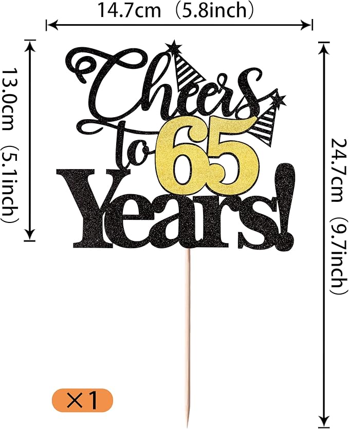 Rsstarxi 1 Pack Cheers to 65 Years Cake Topper Glitter Sixty Five Years Old 65th Birthday Cake Pick 65 Fabulous Cake Decorations for Happy 65th Birthday Wedding Anniversary Party Supplies Black