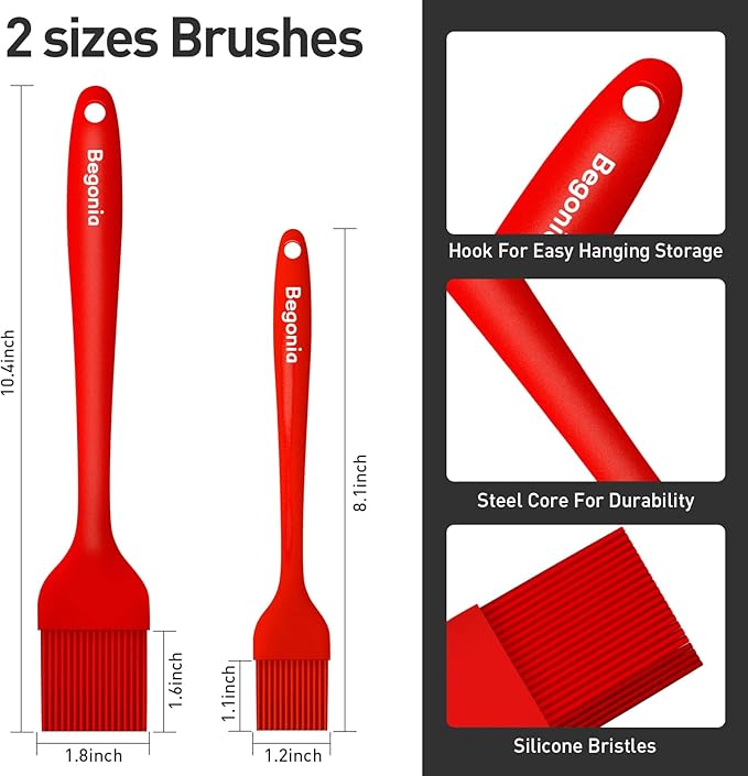 Begonia Silicone Basting Pastry Brush-2pcs Heat Resistant Cooking Brush for Oil, Sauce, Butter, BBQ, Grill and Marinade, BPA Free, Dishwasher Safe 竊늃edç«?,<div>