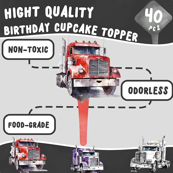 40 Semi Truck Party Decorations - Cupcake Toppers for Semi Truck Birthday, Trucking Baby Shower and Cake Decor