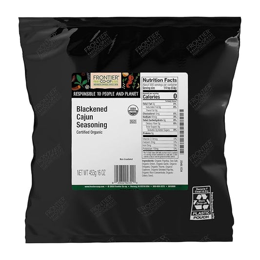 Frontier Co-op Organic Blackened Cajun Seasoning, 1lb Bulk Bag - Bold, Smoky Spice Blend with Cayenne and Paprika for Seafood, Grilling, Snacks, Restaurant Supply
