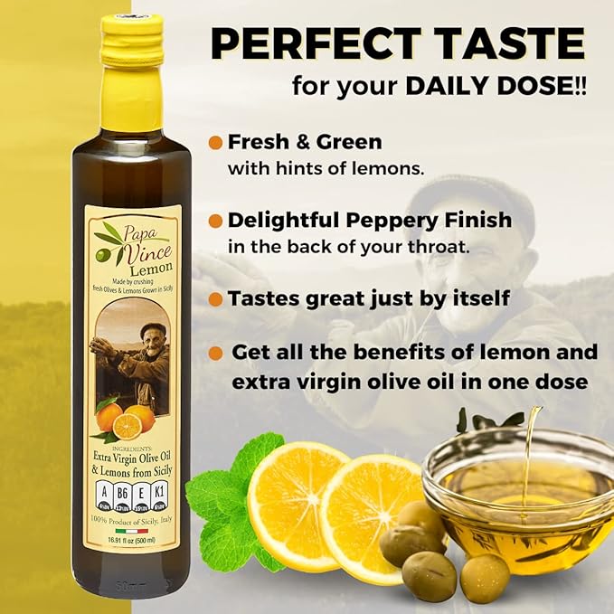 Papa Vince Olive Oil Extra Virgin - First Cold Pressed, Polyphenol Rich Olive Oil (EVOO). Lemon Agrumato, Unfiltered, Single Sourced, Glass Bottle, Family made, Sicily, Italy