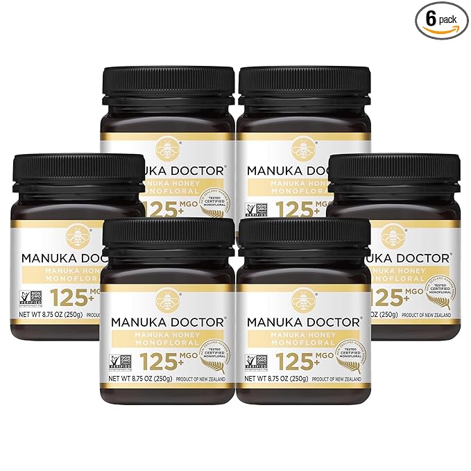 MANUKA DOCTOR - MGO 125+ (6 Pack) Manuka Honey Monofloral, 100% Pure New Zealand Honey. Certified. Guaranteed. RAW. Non-GMO (8.75 oz)