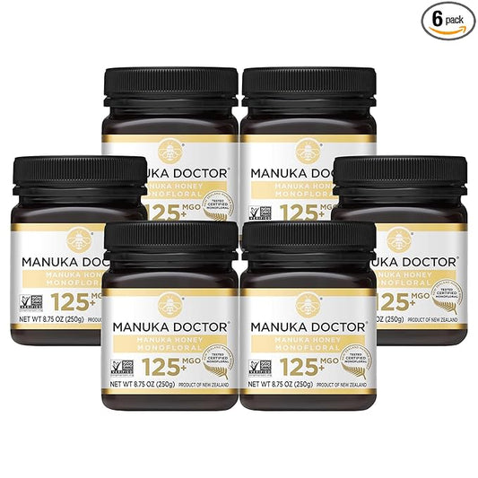 MANUKA DOCTOR - MGO 125+ (6 Pack) Manuka Honey Monofloral, 100% Pure New Zealand Honey. Certified. Guaranteed. RAW. Non-GMO (8.75 oz)