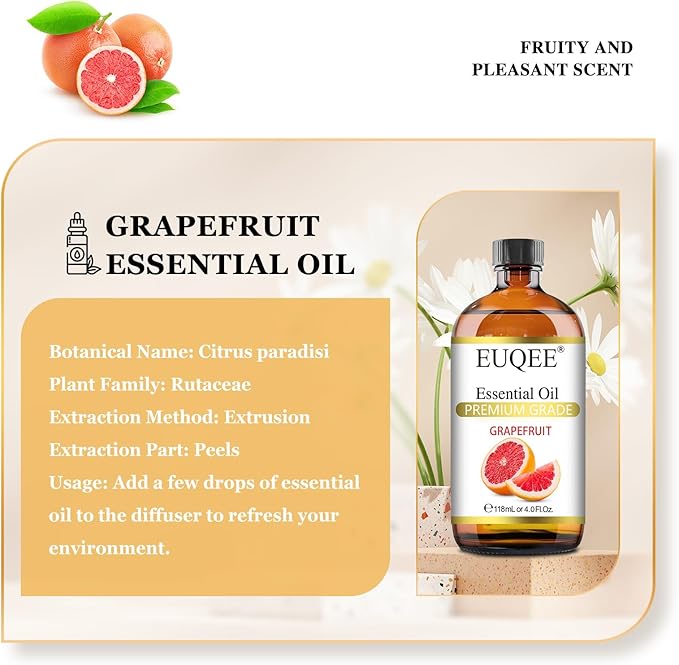 Grapefruit Essential Oil 118mL Pure Grapefruit Oil, Large Capacity Essential Oil with Glass Dropper for Diffuser, Aromatheraphy, DIY Soap (4fl.oz)