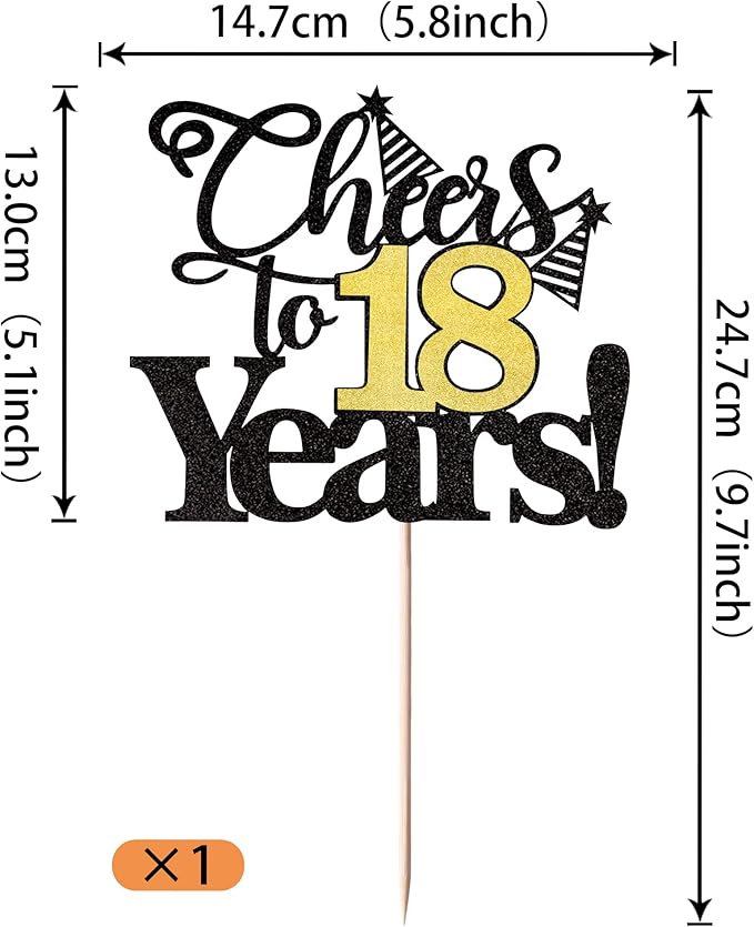 Rsstarxi 1 Pack Cheers to 18 Years Cake Topper Glitter Eighteen Years Old 18th Birthday Cake Pick 18 Fabulous Cake Decorations for Happy 18th Birthday Wedding Anniversary Party Supplies Black