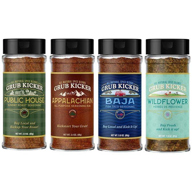 Grub Kicker assorted 4 pack includes: Wildflower Herbes De Provence, Appalachian All Purpose, Baja Fish Taco, Public House Sunday Roast. Premium Seasoning blends