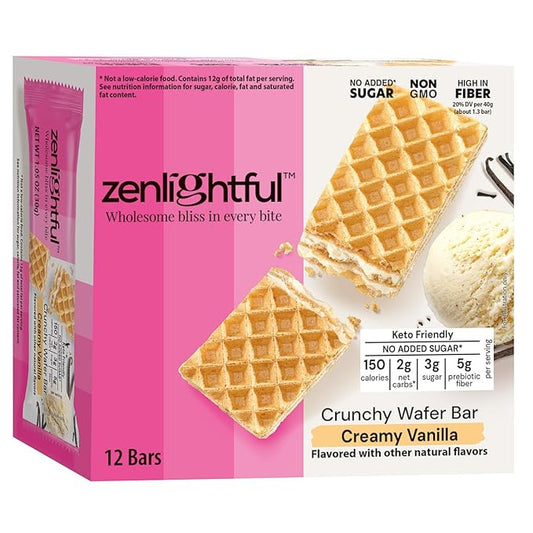 Zenlightful Creamy Vanilla Keto Bars, Low Carb (2 net carbs), Low Sugar (3g), High Fiber, Non-GMO, Vegetarian, Healthy Snacks, Delicious Crunchy Wafer Cookies with Decadent Creamy Filling, 12 Count