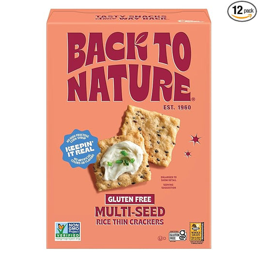 Back to Nature Gluten Free Crackers, Multi-Seed Rice Thins - Non-GMO, Made with Whole Grain Brown Rice Flour, seriously tasty snacks, 4 Ounce