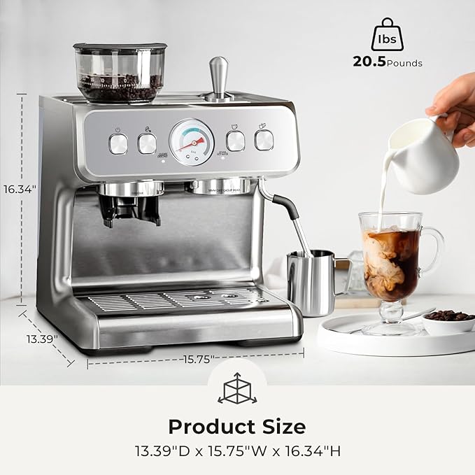 Espresso Machine, 20 Bar Semi-Automatic Espresso Machine with Grinder & Milk Frother Steam Wand, 1450W Home Cappuccino Latte Machine with Removable 95 Oz Water Tank, Stainless Steel