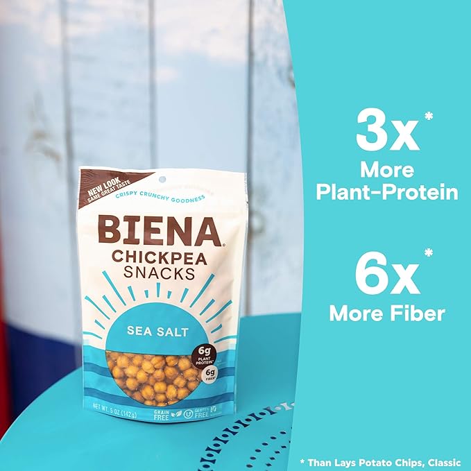BIENA Chickpea Snacks - Crunchy Roasted Chickpeas - High Fiber Vegan Protein Snacks for Adults and Kids - 10-Pack, 1.2 Ounce Bags - Sea Salt