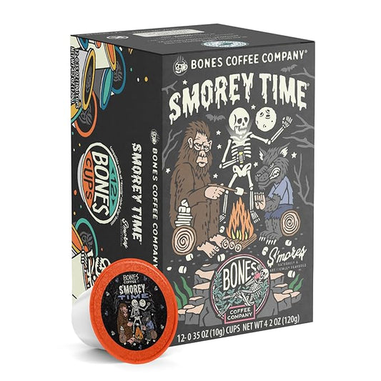 Bones Coffee Company Flavored Coffee Bones Cups S'morey Time S'mores and Graham Crackers | 12ct Single-Serve Coffee Pods Compatible with Keurig 1.0 & 2.0 Keurig Coffee Maker
