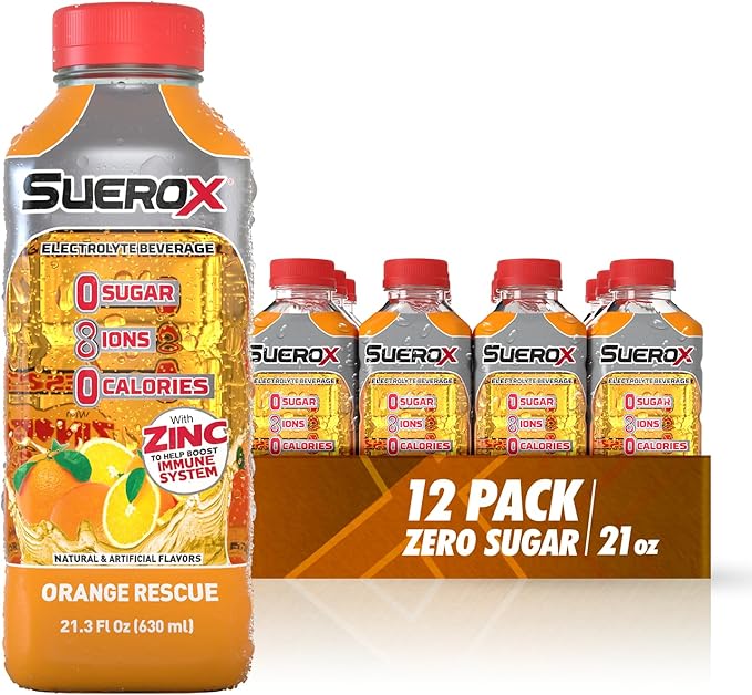 SueroX Sugar Free Sports Drink for Hydration and Recovery, Electrolyte Hydration Drink with 8 Ions, Zero Calorie Sports Drinks, Orange Rescue, 21.3 Fl Oz, 12 Count