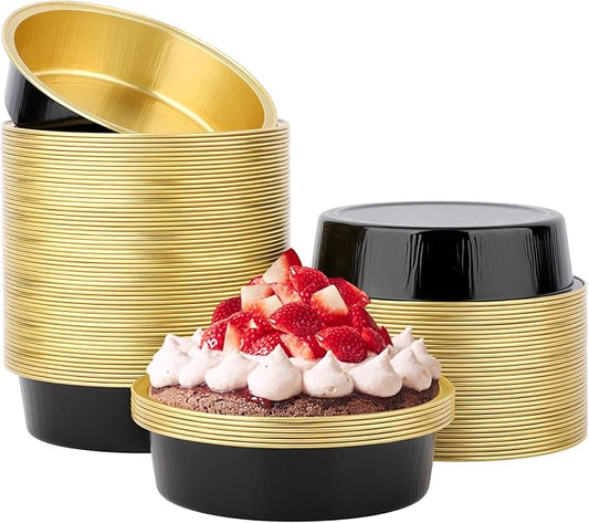 Beasea Aluminum Ramekins 100 Pack, 4" 7.3oz 215ml Disposable Baking Foil Cups Mini Ramekin No Lids Cupcake Aluminum Baking Cups for Party - Black Gold