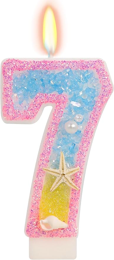 7th Birthday Candle for Cake, Pink Beach Starfish Sequins Number Candles, 2.76 inch Pink Cake Topper Decoration for Birthday Party (Number 7)