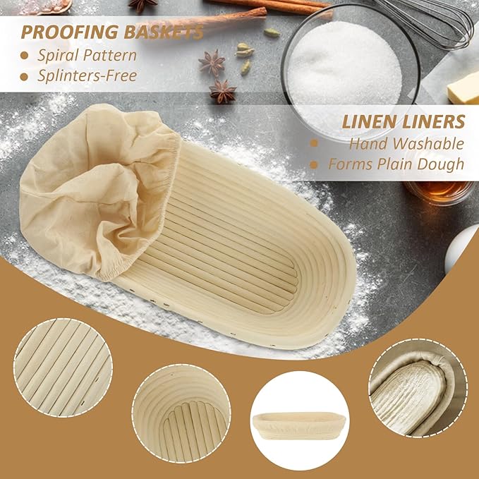 Oval Proofing Basket Set (14x6 inch), Baguette Banneton Bread Proofing Basket and Linen Liner Set for Home Baking, 2 Set