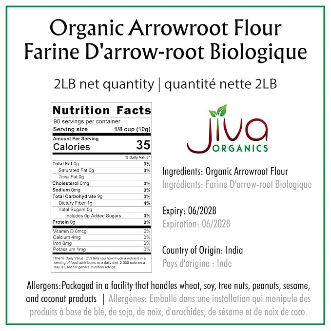 Jiva Organics Organic Arrowroot Flour (Powder) 2 Pound Bag - Raw, Non-GMO, Gluten Free
