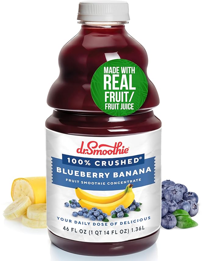 Dr. Smoothie 100% Crushed Blueberry Banana ??No Added Sugar, Made with Real Fruits/Fruit Juice ??Vegan, No Artificial Colors or Flavors ??Ripe Blueberries & Creamy Banana ??46 oz Bottle