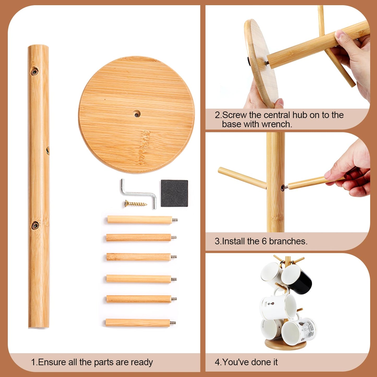 Bamboo Mug Tree Holder, Upgraded Screw Type 6 Hooks Coffee Mug Holders