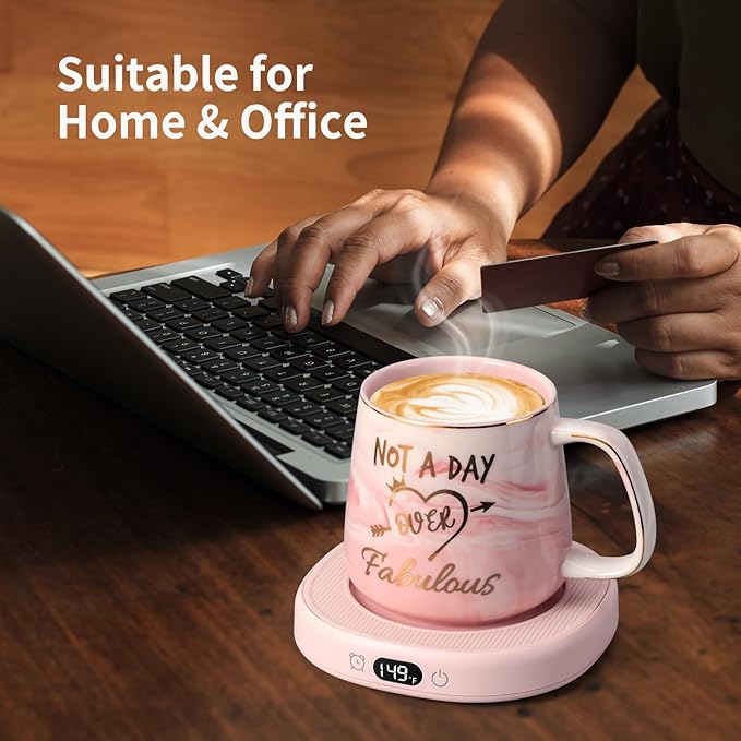 Coffee Mug Warmer & Not A Day Mug Set, Electric Cup Warmer for Desk Office Home, Beverage Warmer with 3 Temperature Setting, 8-Hours Auto Shut Off, Best Birthday Present Ideas for Women