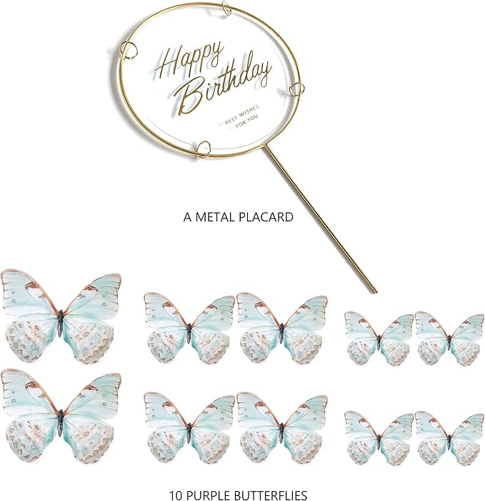 11-Piece Turquoise Butterfly Cake Toppers Set: Happy Birthday Metal Gold Cake Toppers & Decorations