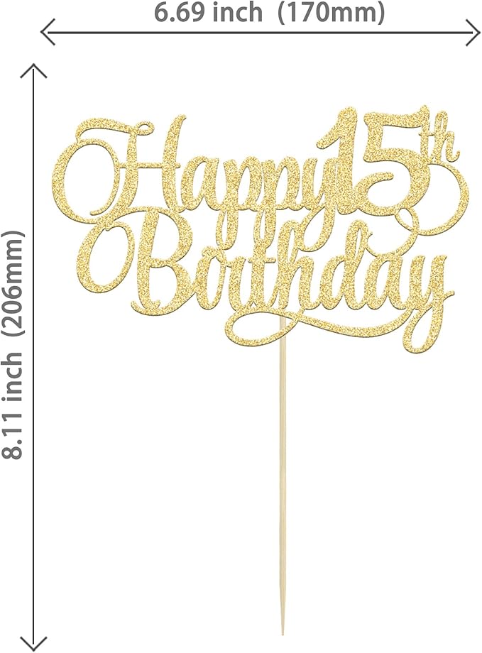 1 Pack Happy 15th Birthday Cake Topper Glitter Number 15 Fifteen Years Old Birthday Cake Pick Decoration for 15th Birthday Celebrating Anniversary Party Supplies Gold