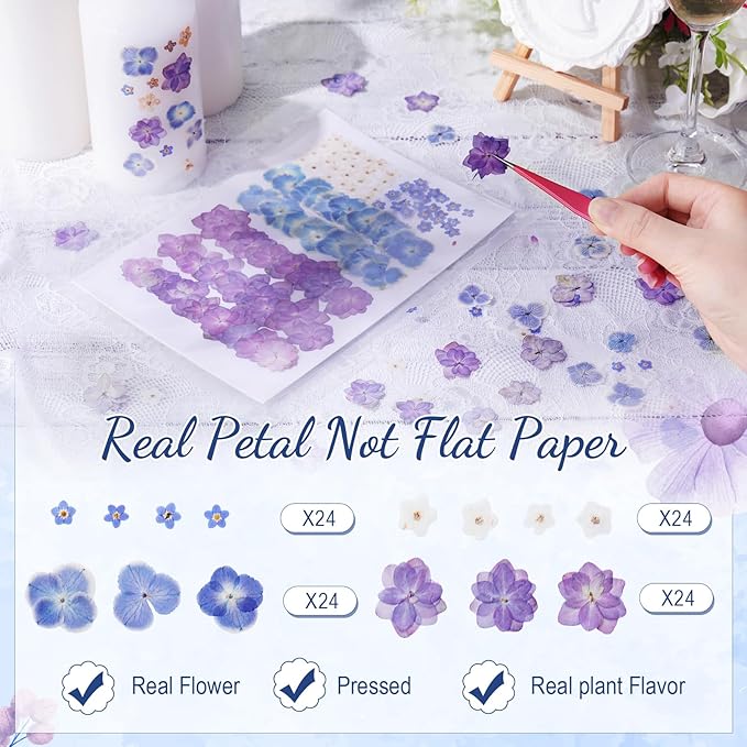 96 Pcs Natural Dried Pressed Edible Flowers for Cake Topper Decorating Cupcake Toppers Cocktails Resin Jewelry Making DIY Art Crafts(Blue,Flower Style)