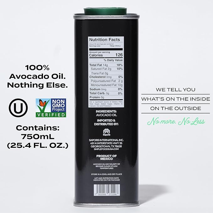 Simple Foods Avocado Oil - 100% Pure, Non-GMO, High Smoke Point, Mild Flavor 16.9 oz