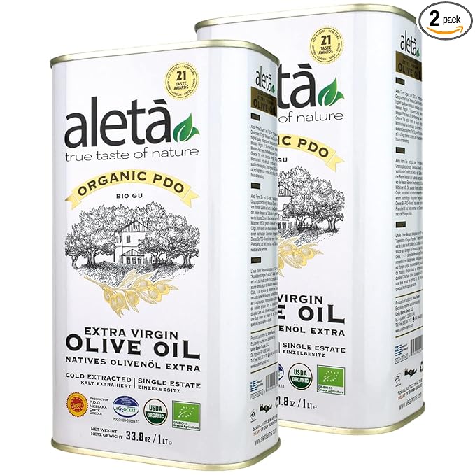 Aleta, Organic & PDO Extra Virgin Olive Oil, 2025 Gold Award, Certified Single Estate, Crete Greece, First-Cold Press, 1 Lt (33.8 oz.) Tin, Pack of 2