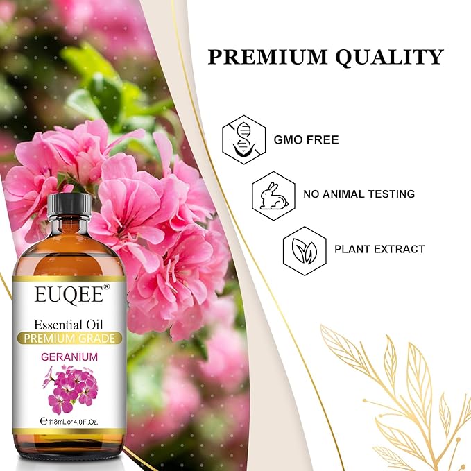 Geranium Essential Oil 118 ml Pure Geranium Oil with Dropper for Diffusers, DIY, Skin Care, Massage, Aromatherapy (4 fl oz)