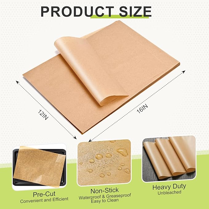 200PCS Unbleached Parchment Paper, Pre-Cut 12 x 16 Inches Resealable Pack, Nonstick, For Baking, Cooking, Grilling, Steaming, Fit for Baking Sheet and Parchment Paper for Air Fryer Iiners