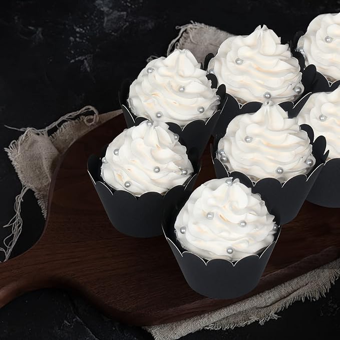 KPOSIYA Set of 100 Artistic Bake Cake Cups Filigree Little Vine Lace Laser Cut Cupcake Wrapper Liner Baking Cup Muffin CaseTrays for Wedding Birthday Party Decoration-Best Kitchen Gift (Black)