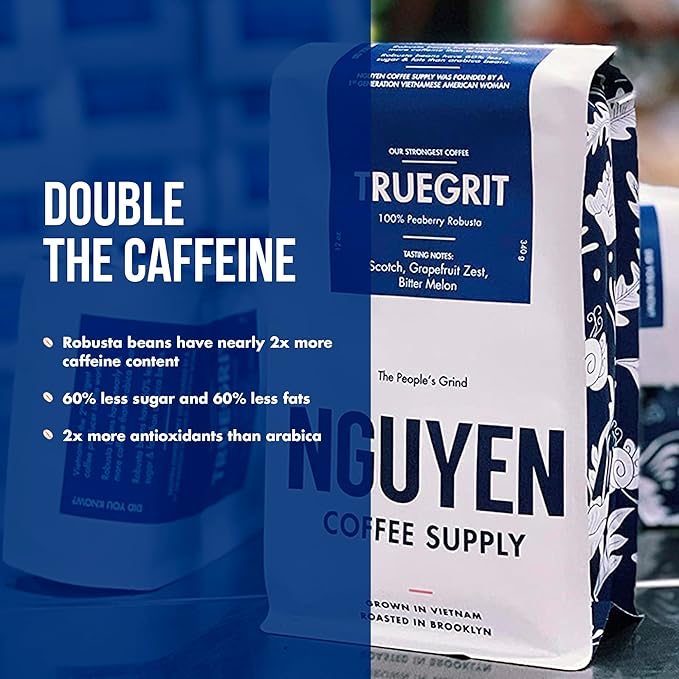 Nguyen Coffee Supply - Truegrit Robusta: Medium Roast Premium Whole Coffee Beans, Vietnamese Single Origin, Direct Trade, Low Acid with High Caffeine Content, Roasted in Brooklyn [12 oz Bag]