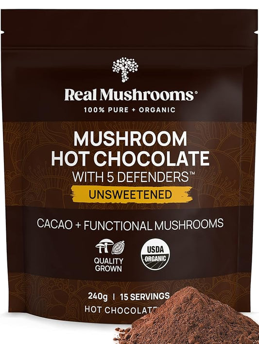 Real Mushrooms Unsweetened Hot Chocolate Mix with 5 Defenders ??Reishi, Chaga, Turkey Tail, Maitake, Shiitake ??Coco Powdered Unsweetened ??Organic Cacao Powder Supplement, Vegan, 15 Servings