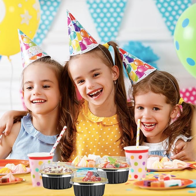 50 Pack Baking Cups with Lids, Aluminum Foil Cupcake Cups Muffin Liners, Disposable Foil Ramekins, Cupcake Holders Dessert Containers Mini Pudding Cups (Black Gold)