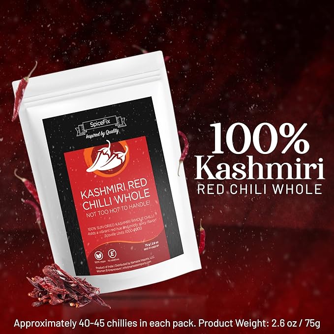 SpiceFix - Whole Kashmiri Red Chilli Pepper, Mild to Medium Heat Natural Stemless Chillies, Sun-Dried Red Pepper, Indian Dried Chili Peppers in a Resealable Bag, 2.6 Ounces