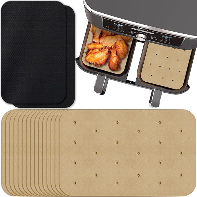 WMKGG Rectangular Air Fryer Parchment Paper, 100 PCS Disposable Perforated Air Fryer Liners with 2 Grilling Mat for Ninja DZ201 Foodi 6-in-1 8-qt. 2-Basket